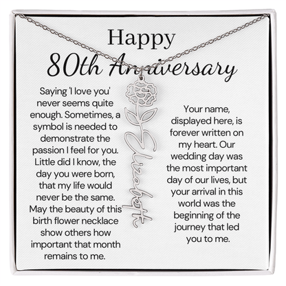 Personalized 80th Anniversary Gift for Wife – Customized Birth Flower Name Necklace – Unique Eightieth Wedding Anniversary Gift Ideas for Wife from Husband