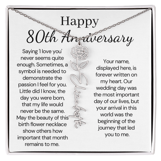 Personalized 80th Anniversary Gift for Wife – Customized Birth Flower Name Necklace – Unique Eightieth Wedding Anniversary Gift Ideas for Wife from Husband
