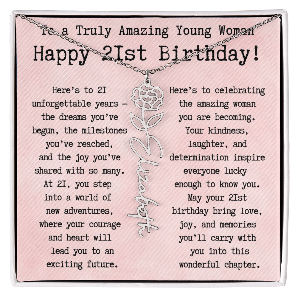 Personalized 21st Birthday Gift for Her – Customized Birth Flower Name Necklace – Unique Twenty-First Birthday Jewelry Gift from Grandma, Mom, Aunt, or Friend