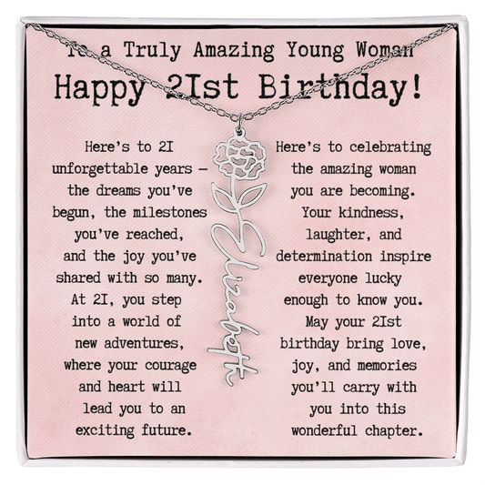 Personalized 21st Birthday Gift for Her – Customized Birth Flower Name Necklace – Unique Twenty-First Birthday Jewelry Gift from Grandma, Mom, Aunt, or Friend