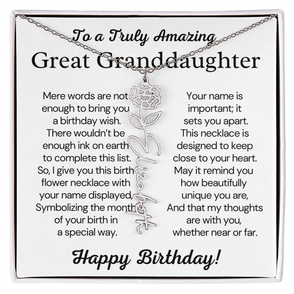 Personalized Birthday Gift for Great Granddaughter – Customized Birth Flower Name Necklace – Custom Jewelry Gift from Grandma