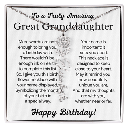 Personalized Birthday Gift for Great Granddaughter – Customized Birth Flower Name Necklace – Custom Jewelry Gift from Grandma