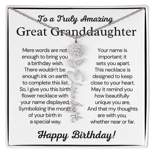 Personalized Birthday Gift for Great Granddaughter – Customized Birth Flower Name Necklace – Custom Jewelry Gift from Grandma