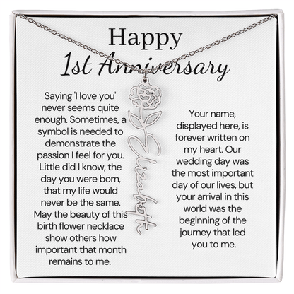 Personalized 1st Wedding Anniversary Gift for Wife – Customized Birth Flower Name Necklace – Unique Anniversary Gift Ideas for Wife from Husband