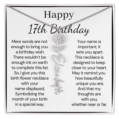 Personalized 17th  Birthday Gift for Her – Customized Birth Flower Name Necklace – Jewelry Gift for Daughter, Granddaughter, or Niece