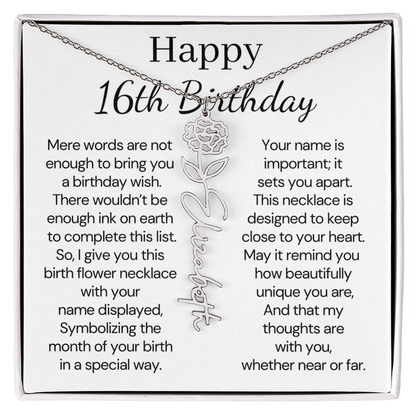 Personalized 16th Birthday Gift for Her  – Customized Birth Flower Name Necklace – Jewelry Gift for Granddaughter, Daughter, or Niece