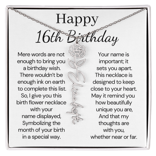 Personalized 16th Birthday Gift for Her  – Customized Birth Flower Name Necklace – Jewelry Gift for Granddaughter, Daughter, or Niece