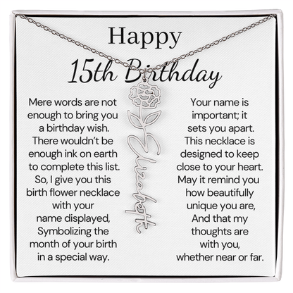 Personalized 15th Birthday Gift for Her – Customized Birth Flower Name Necklace – 15th Birthday Jewelry Gift for Granddaughter, Daughter, or Niece