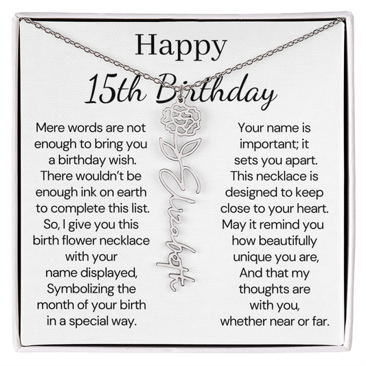 Personalized 15th Birthday Gift for Her – Customized Birth Flower Name Necklace – 15th Birthday Jewelry Gift for Granddaughter, Daughter, or Niece