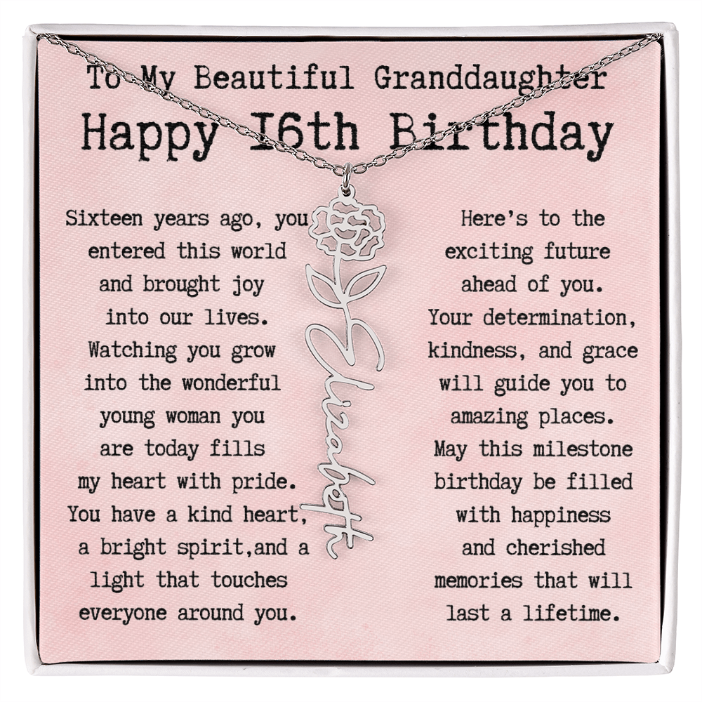 Personalized 16th Birthday Gift for Granddaughter – Customized Birth Flower Name Necklace – Sweet Sixteenth Jewelry Gift from Grandma