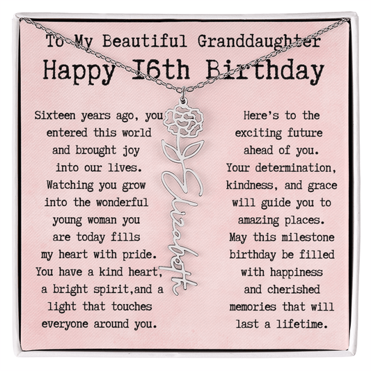 Personalized 16th Birthday Gift for Granddaughter – Customized Birth Flower Name Necklace – Sweet Sixteenth Jewelry Gift from Grandma