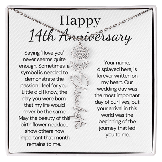 Personalized 14th Anniversary Gift for Wife – Customized Birth Flower Name Necklace – Unique Fourteenth Wedding Anniversary Gift Ideas for Wife from Husband