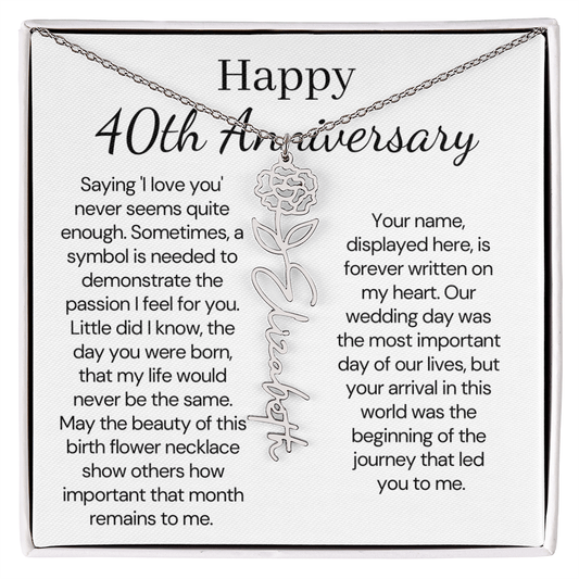 Personalized 40th Anniversary Gift for Wife – Customized Birth Flower Name Necklace – Unique Fortieth Wedding Anniversary Gift Ideas for Wife from Husband
