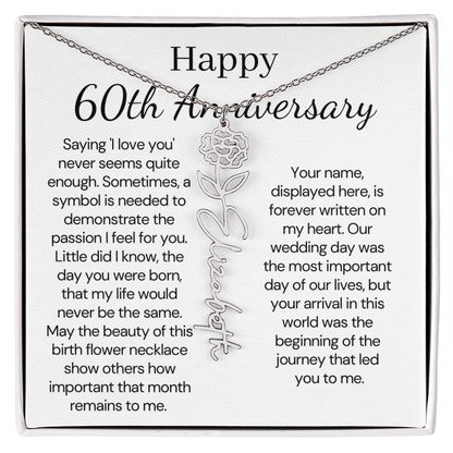 Personalized 60th Anniversary Gift for Wife – Customized Birth Flower Name Necklace – Unique Sixtieth Wedding Anniversary Gift Ideas for Wife from Husband