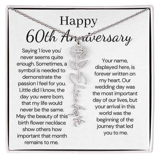 Personalized 60th Anniversary Gift for Wife – Customized Birth Flower Name Necklace – Unique Sixtieth Wedding Anniversary Gift Ideas for Wife from Husband