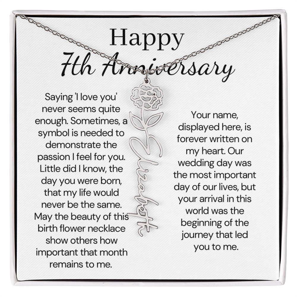 Personalized 7th Wedding Anniversary Gift for Wife – Customized Birth Flower Name Necklace – Unique Seventh Anniversary Gift Ideas for Wife from Husband