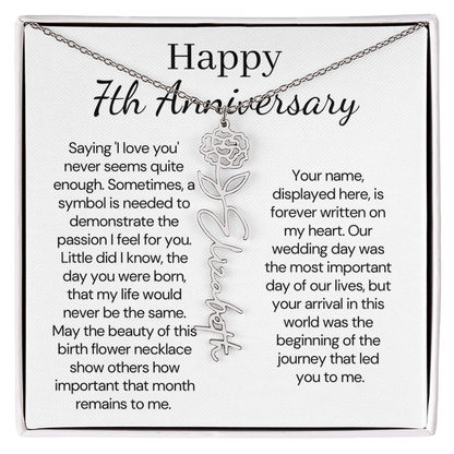 Personalized 7th Wedding Anniversary Gift for Wife – Customized Birth Flower Name Necklace – Unique Seventh Anniversary Gift Ideas for Wife from Husband