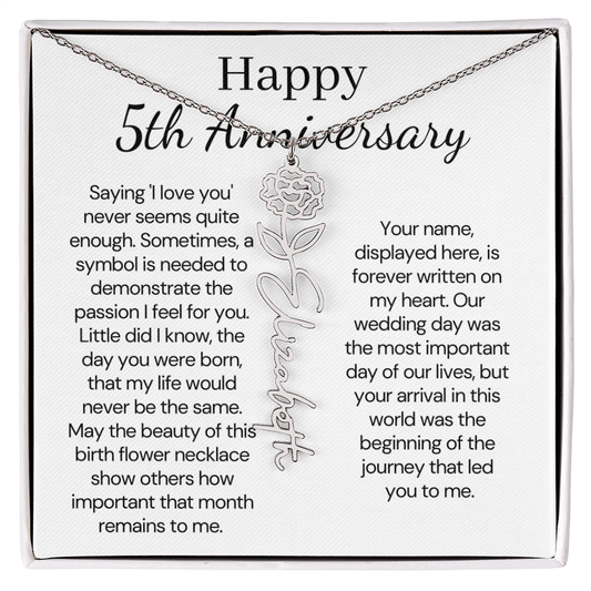 Personalized 5th Wedding Anniversary Gift for Wife – Customized Birth Flower Name Necklace – Unique Fifth Anniversary Gift Ideas for Wife from Husband