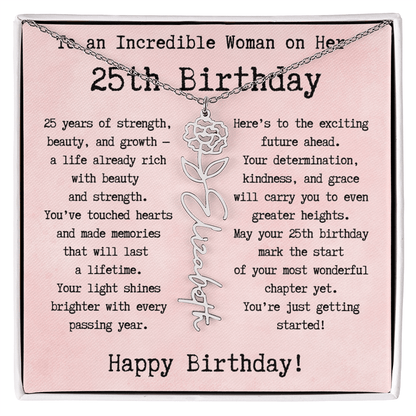 Personalized 25th Birthday Gift for Her – Customized Birth Flower Name Necklace – Unique Twenty-Fifth Birthday Jewelry Gift from Grandma, Mom, Aunt, or Friend