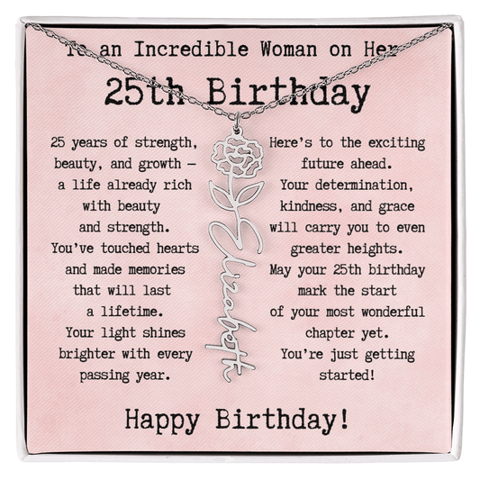 Personalized 25th Birthday Gift for Her – Customized Birth Flower Name Necklace – Unique Twenty-Fifth Birthday Jewelry Gift from Grandma, Mom, Aunt, or Friend