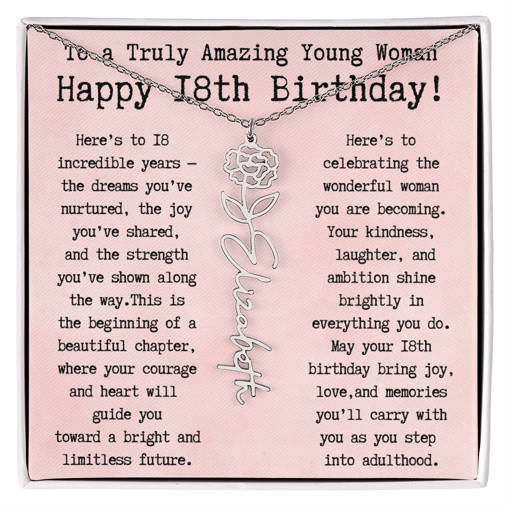 Personalized 18th Birthday Gift for Her – Customized Birth Flower Name Necklace – Unique Eighteenth Birthday Jewelry Gift from Grandma, Mom, Aunt, or Friend