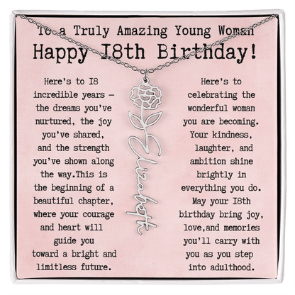 Personalized 18th Birthday Gift for Her – Customized Birth Flower Name Necklace – Unique Eighteenth Birthday Jewelry Gift from Grandma, Mom, Aunt, or Friend