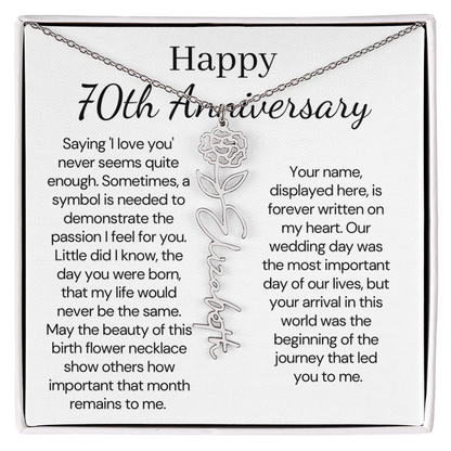 Personalized 70th Anniversary Gift for Wife – Customized Birth Flower Name Necklace – Unique Seventieth Wedding Anniversary Gift Ideas for Wife from Husband