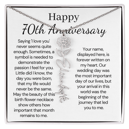 Personalized 70th Anniversary Gift for Wife – Customized Birth Flower Name Necklace – Unique Seventieth Wedding Anniversary Gift Ideas for Wife from Husband