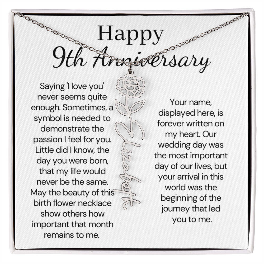 Personalized 9th Wedding Anniversary Gift for Wife – Customized Birth Flower Name Necklace – Unique Ninth Anniversary Gift Ideas for Wife from Husband