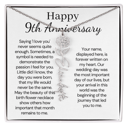 Personalized 9th Wedding Anniversary Gift for Wife – Customized Birth Flower Name Necklace – Unique Ninth Anniversary Gift Ideas for Wife from Husband