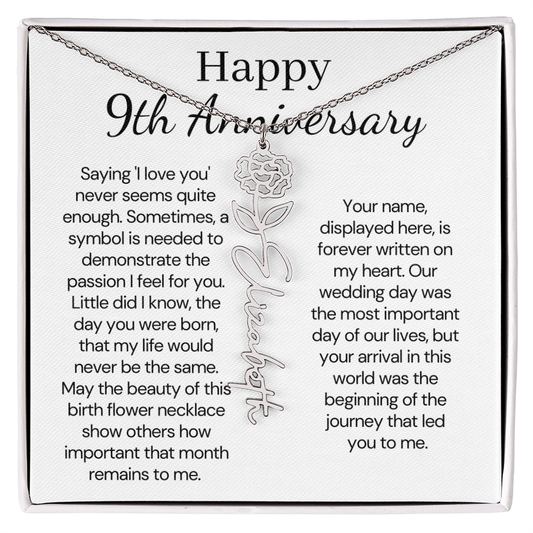 Personalized 9th Wedding Anniversary Gift for Wife – Customized Birth Flower Name Necklace – Unique Ninth Anniversary Gift Ideas for Wife from Husband