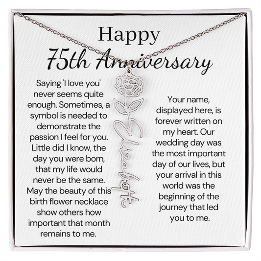 Personalized 75th Anniversary Gift for Wife – Customized Birth Flower Name Necklace – Unique Seventy-Fifth Wedding Anniversary Gift Ideas for Wife from Husband