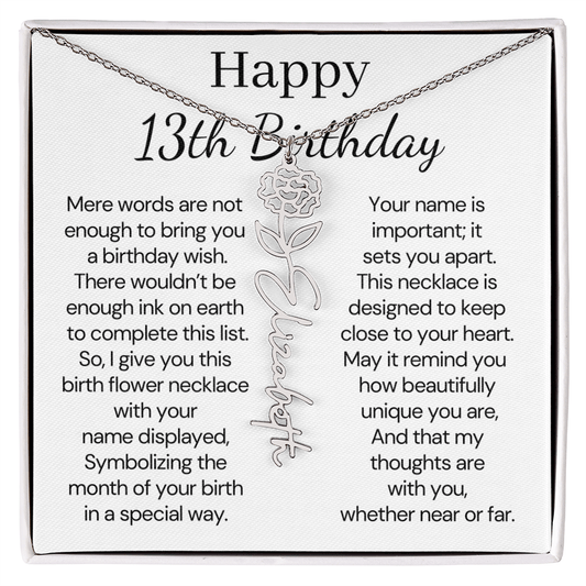 Personalized 13th Birthday Gift for Her – Customized Birth Flower Name Necklace – Teen Birthday Jewelry Gift for Granddaughter, Daughter, or Niece