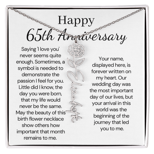 Personalized 65th Anniversary Gift for Wife – Customized Birth Flower Name Necklace – Unique Sixty-Fifth Wedding Anniversary Gift Ideas for Wife from Husband