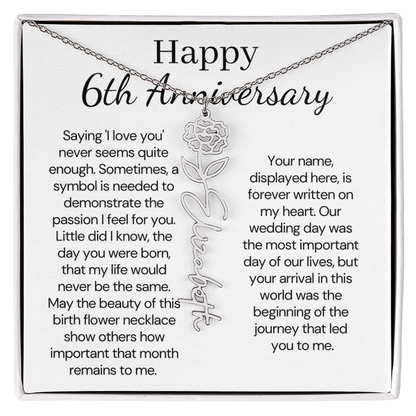 Personalized 6th Wedding Anniversary Gift for Wife – Customized Birth Flower Name Necklace – Unique Sixth Anniversary Gift Ideas for Wife from Husband