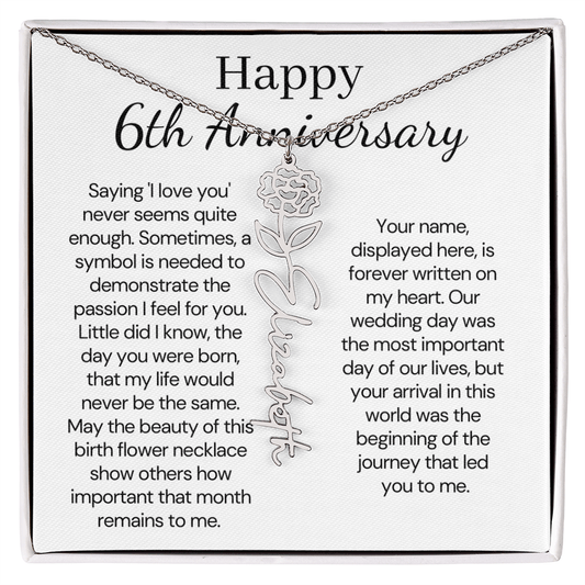Personalized 6th Wedding Anniversary Gift for Wife – Customized Birth Flower Name Necklace – Unique Sixth Anniversary Gift Ideas for Wife from Husband