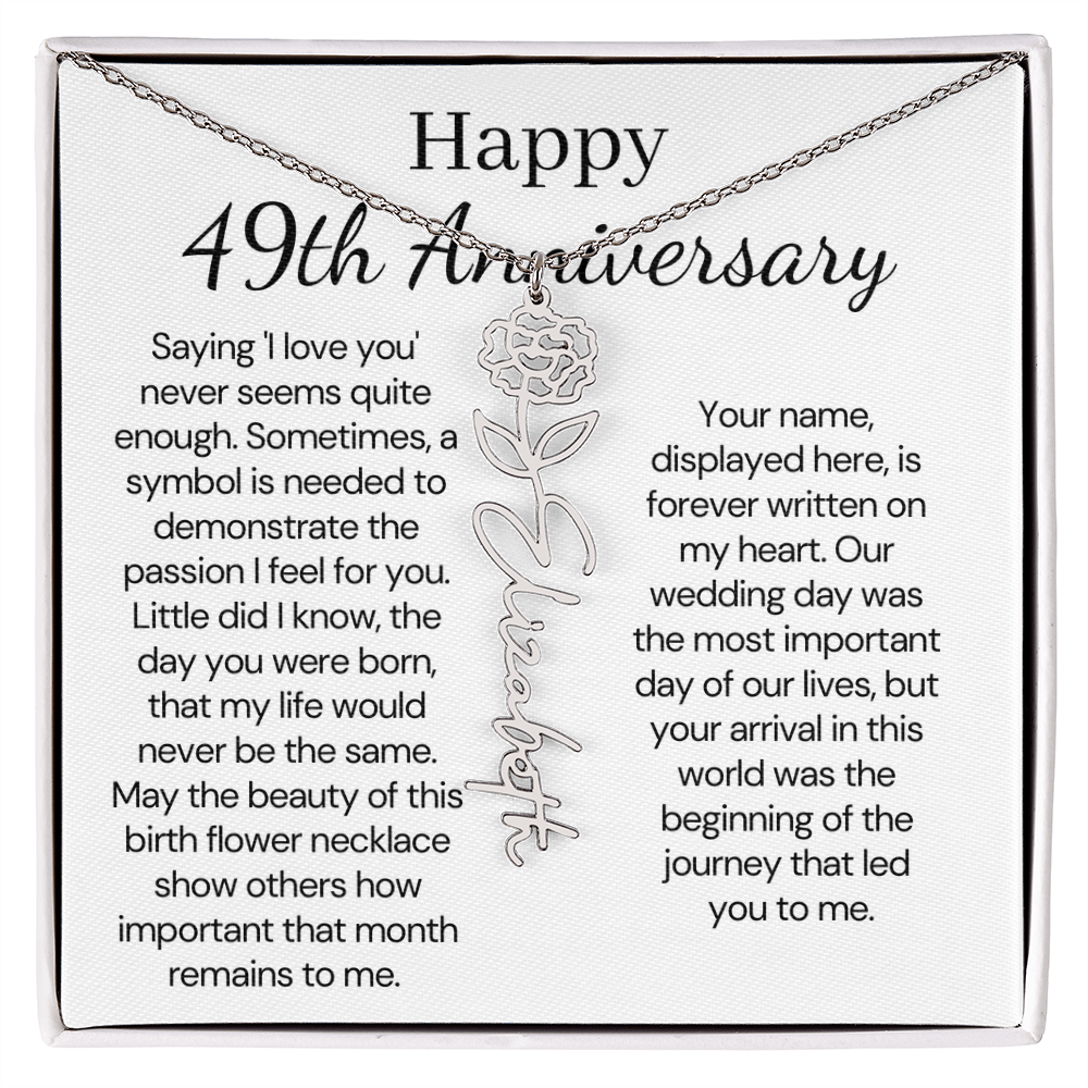Personalized 49th Anniversary Gift for Wife – Customized Birth Flower Name Necklace – Unique Forty-Ninth Wedding Anniversary Gift Ideas for Wife from Husband