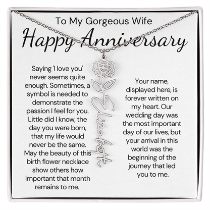 Personalized Anniversary Gift for Wife – Customized Birth Flower Name Necklace – Unique Wedding Anniversary Jewelry Gift from Husband