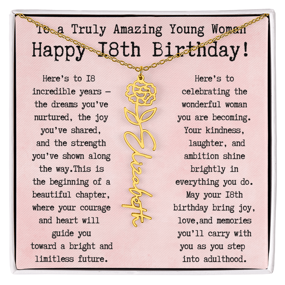 Personalized 18th Birthday Gift for Her – Customized Birth Flower Name Necklace – Unique Eighteenth Birthday Jewelry Gift from Grandma, Mom, Aunt, or Friend