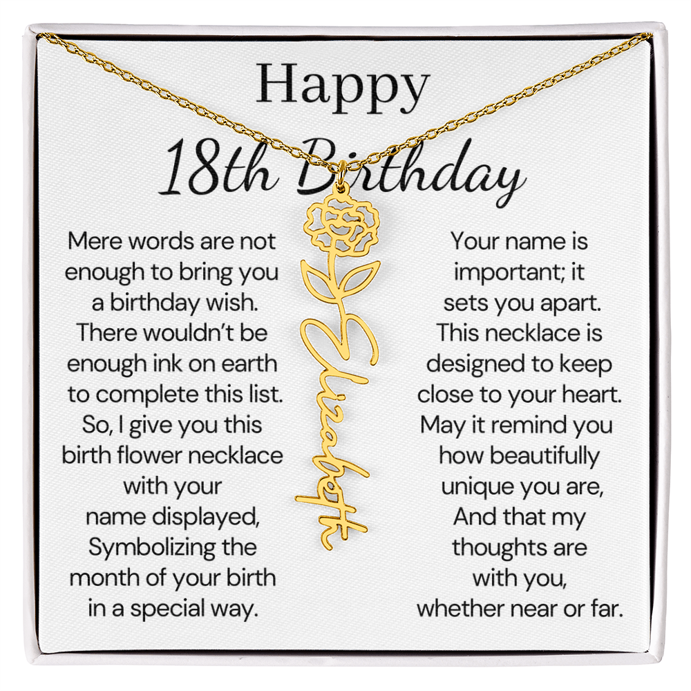 Personalized 18th Birthday Gift for Her  – Customized Birth Flower Name Necklace – 18th Birthday Jewelry Gift for Granddaughter, Daughter, or Niece