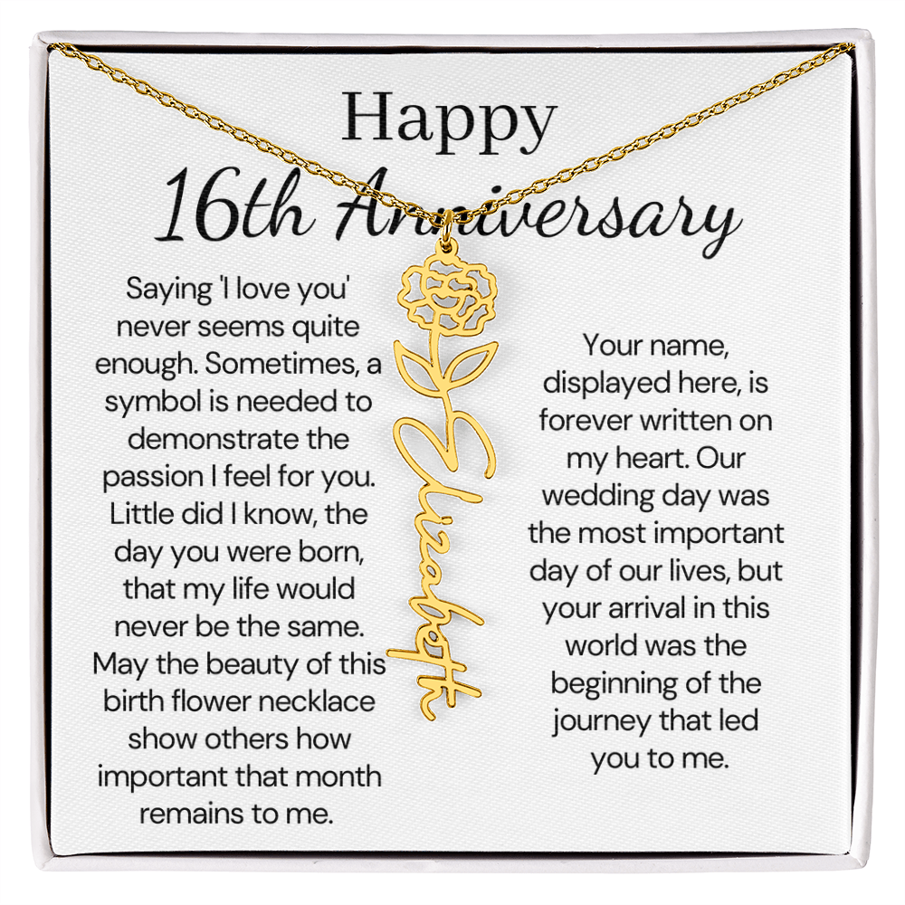 Personalized 16th Anniversary Gift for Wife – Customized Birth Flower Name Necklace – Unique Sixteenth Wedding Anniversary Gift Ideas for Wife