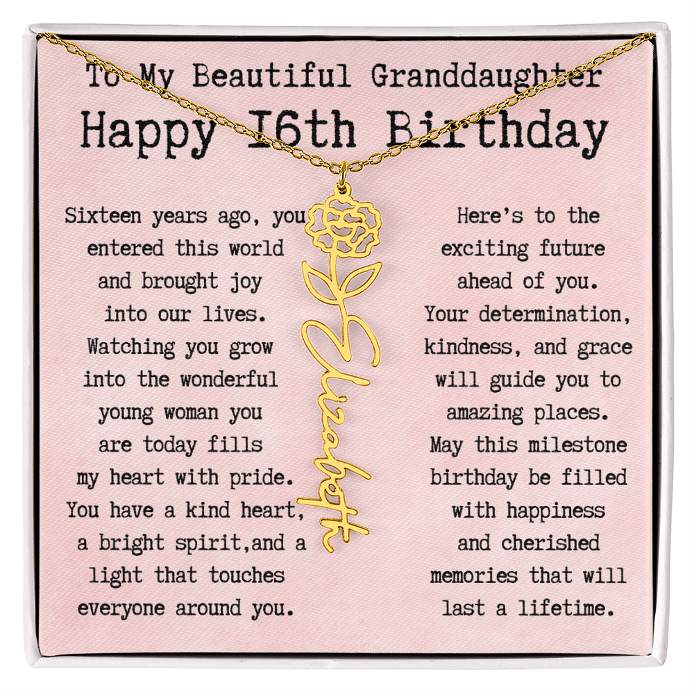 Personalized 16th Birthday Gift for Granddaughter – Customized Birth Flower Name Necklace – Sweet Sixteenth Jewelry Gift from Grandma