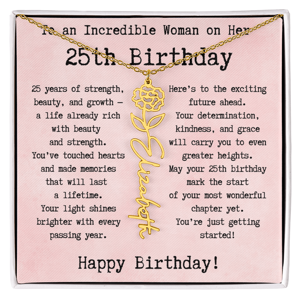 Personalized 25th Birthday Gift for Her – Customized Birth Flower Name Necklace – Unique Twenty-Fifth Birthday Jewelry Gift from Grandma, Mom, Aunt, or Friend