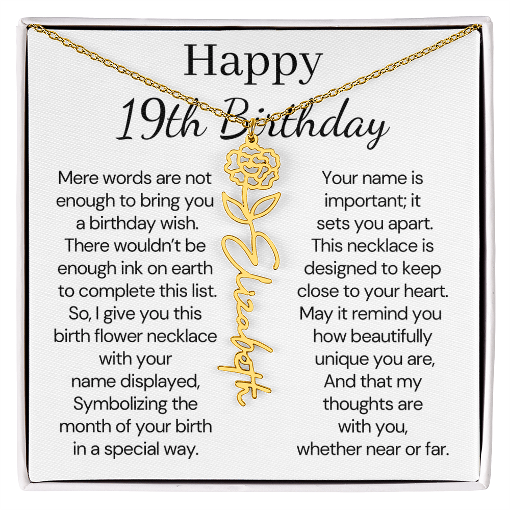 Personalized 19th Birthday Gift for Her  – Customized Birth Flower Name Necklace – 19th Birthday Jewelry Gift for Granddaughter, Daughter, or Niece
