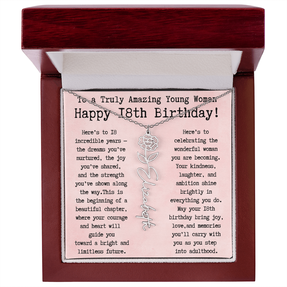 Personalized 18th Birthday Gift for Her – Customized Birth Flower Name Necklace – Unique Eighteenth Birthday Jewelry Gift from Grandma, Mom, Aunt, or Friend