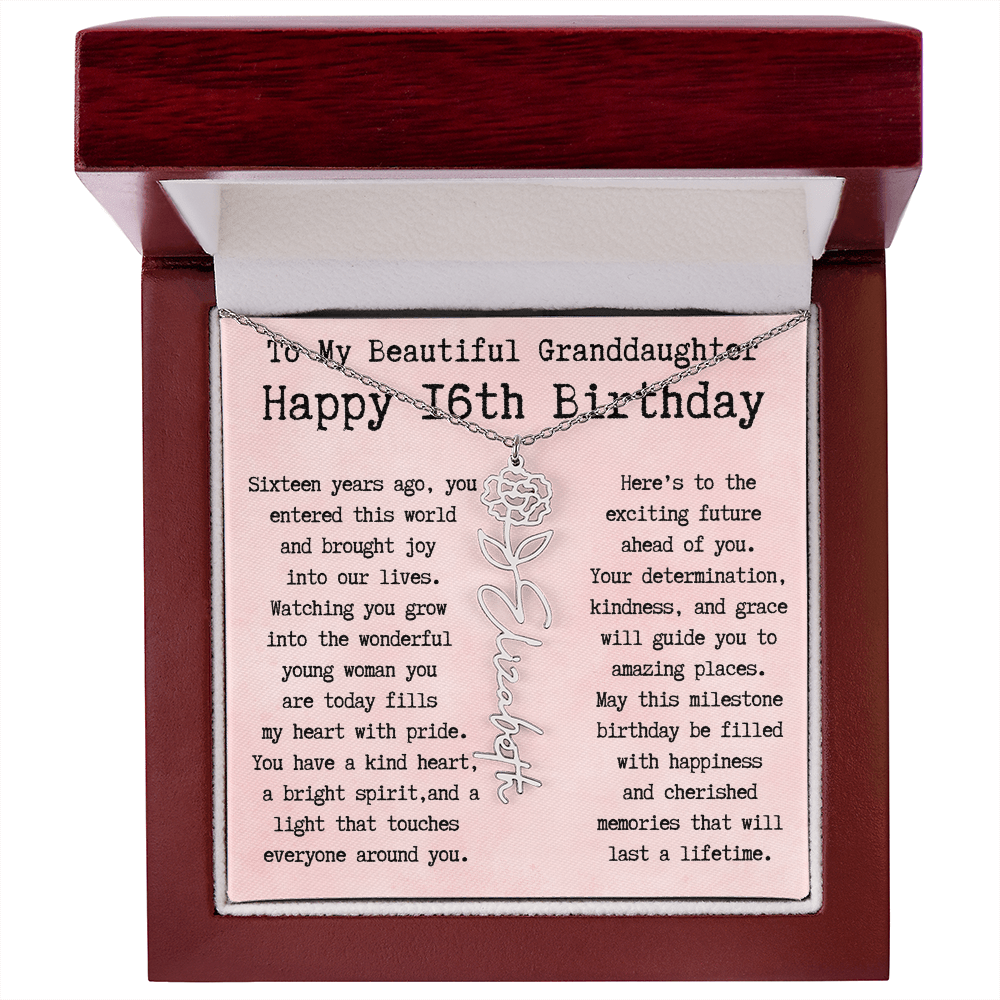 Personalized 16th Birthday Gift for Granddaughter – Customized Birth Flower Name Necklace – Sweet Sixteenth Jewelry Gift from Grandma