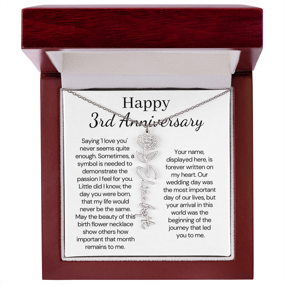 Personalized 3rd Wedding Anniversary Gift for Wife – Customized Birth Flower Name Necklace – Unique Third Anniversary Gift Ideas for Wife from Husband