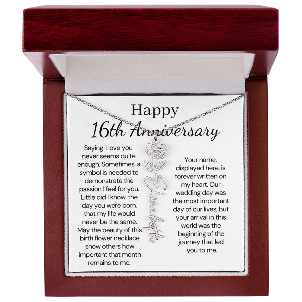 Personalized 16th Anniversary Gift for Wife – Customized Birth Flower Name Necklace – Unique Sixteenth Wedding Anniversary Gift Ideas for Wife