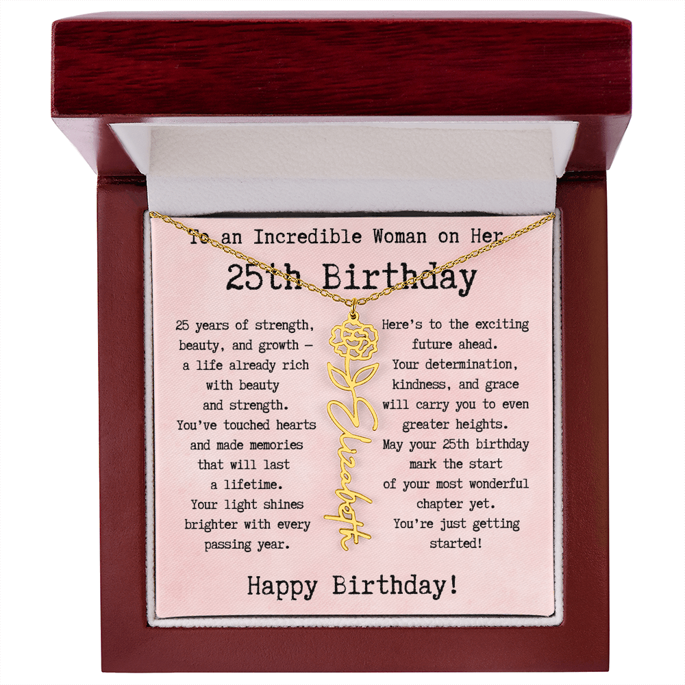 Personalized 25th Birthday Gift for Her – Customized Birth Flower Name Necklace – Unique Twenty-Fifth Birthday Jewelry Gift from Grandma, Mom, Aunt, or Friend