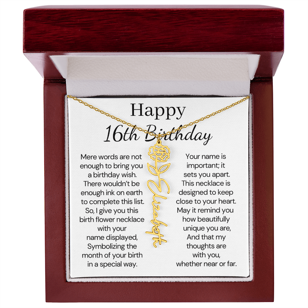Personalized 16th Birthday Gift for Her  – Customized Birth Flower Name Necklace – Jewelry Gift for Granddaughter, Daughter, or Niece